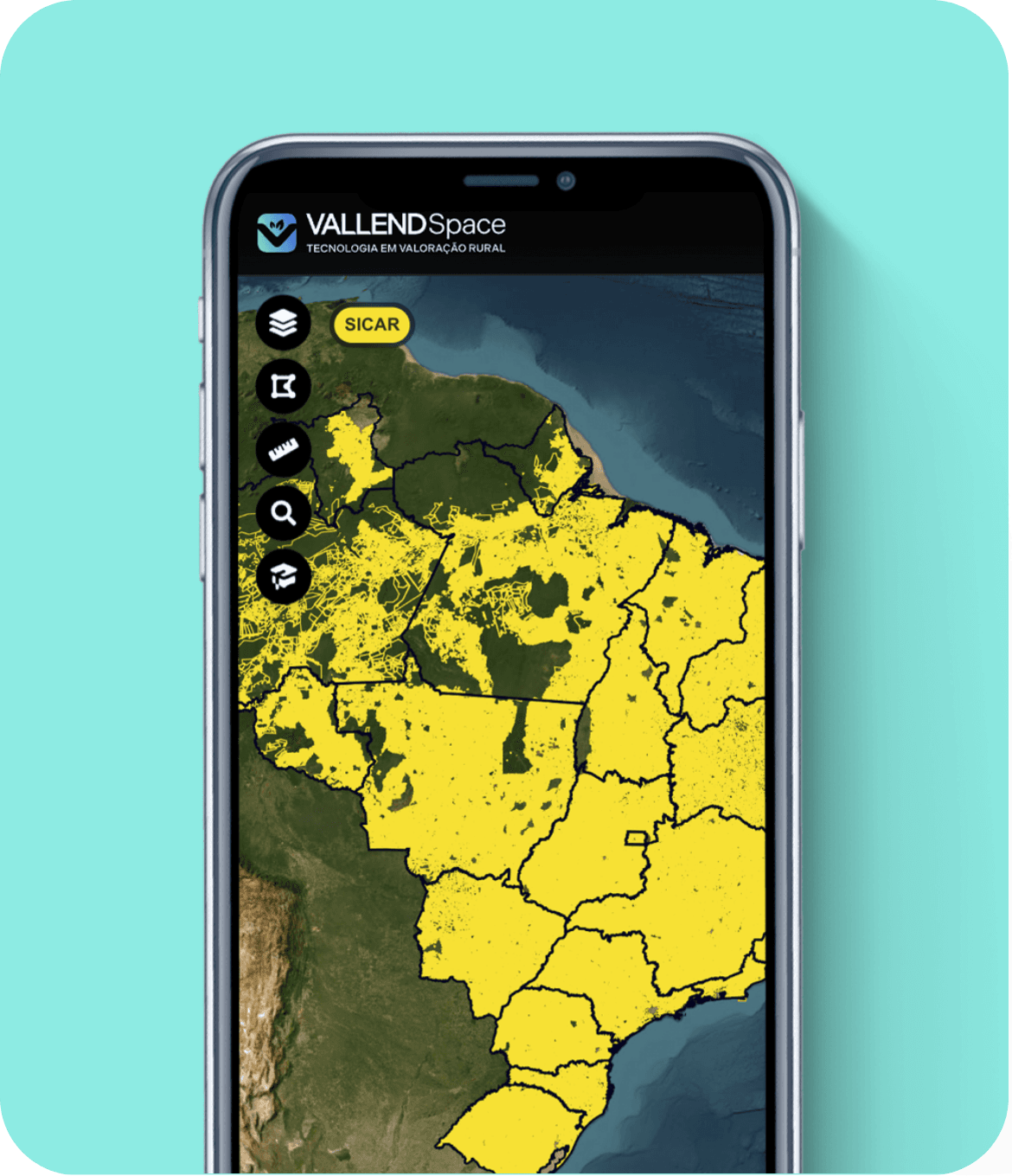 Celular exibindo a Plataforma de Mapas da Vallend Space