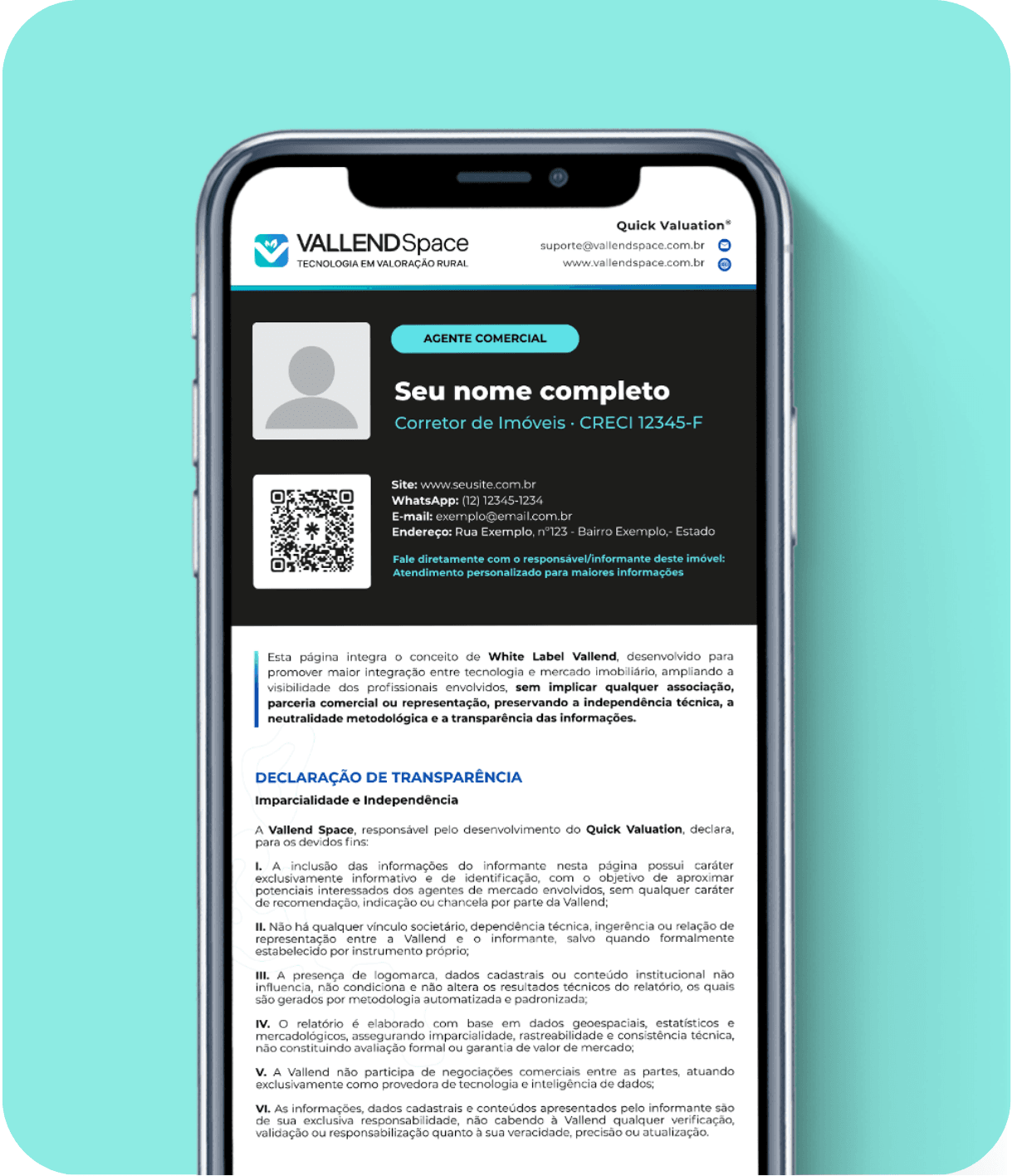 Celular exibindo o relatório personalizado White Label