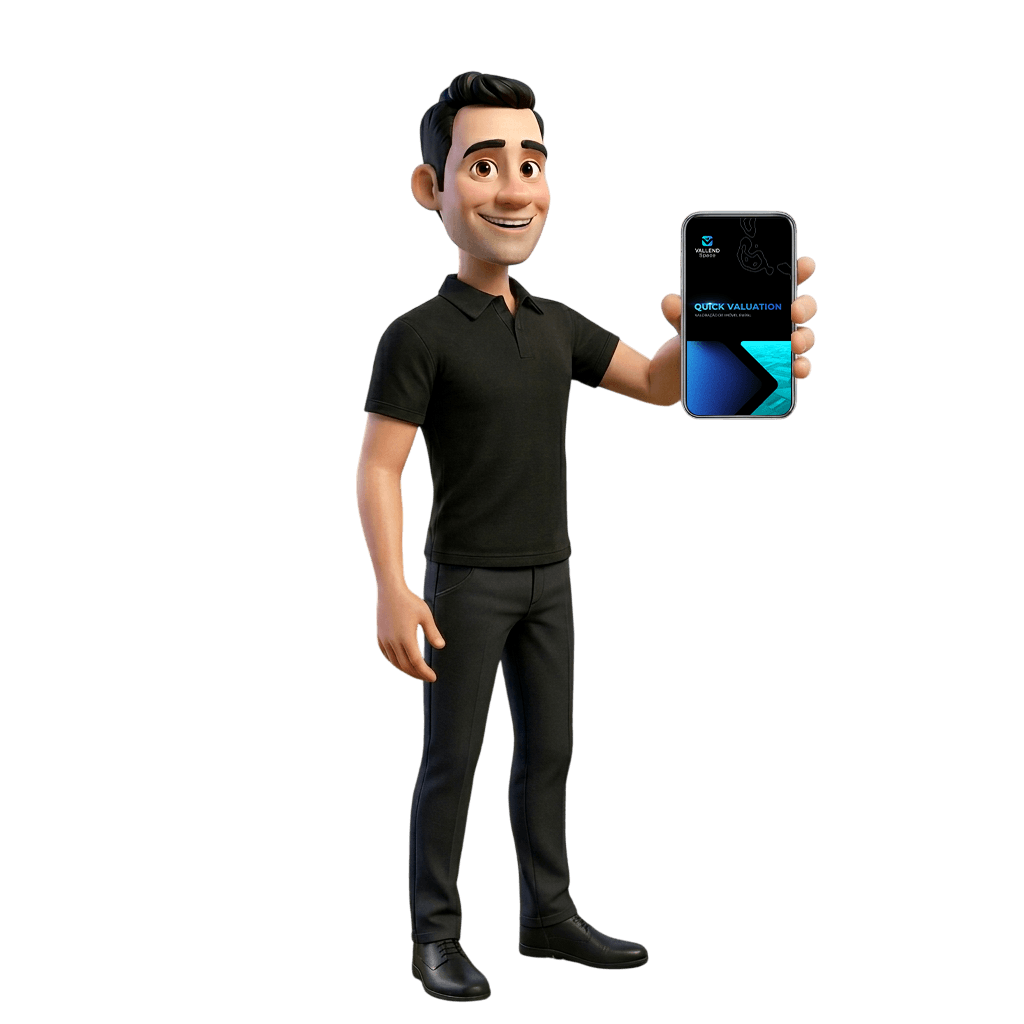 Personagem Vallend segurando celular com Quick Valuation